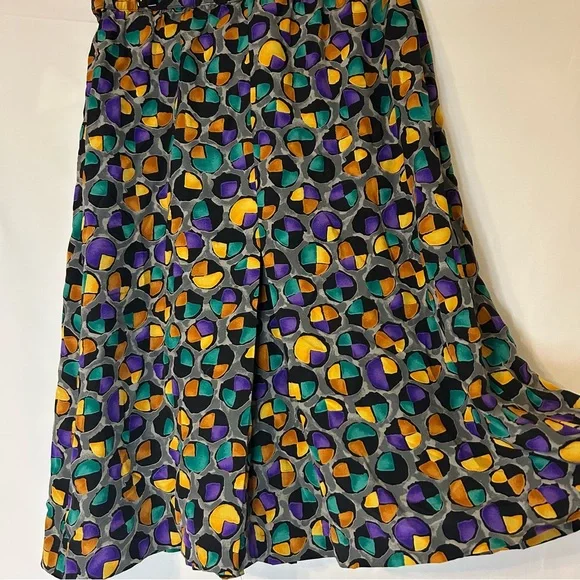 Vintage Adolfo Saks Fifth Avenue Pleated Silk Skirt Grey Gold Teal Dots Small - Picture 5 of 10